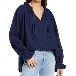 NWT Small Free People Alpine Denim Top Long Sleeves Navy Blue Vneck